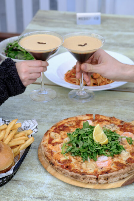 Rockpool pizza, cheers with espresso martini at Geographe, Coles Bay